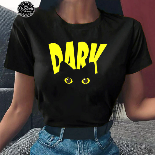 Womens Dark Cat in black t-shirt by ToroModa  https://www.toromoda.com/products/women-s-tshirt-dark-cat  Women's T-shirt with round neckline and free cut. The material of the T-shirt is extremely soft and provides maximum comfort during the summer days.