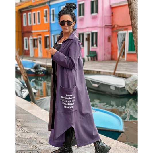 Women's coat Brigitta Lilac  https://www.toromoda.com/products/womens-coat-brigitta-lilac  Great long cape with buttons, large pockets, asymmetrical cut. Oversize cut.Material: cotton, elastane