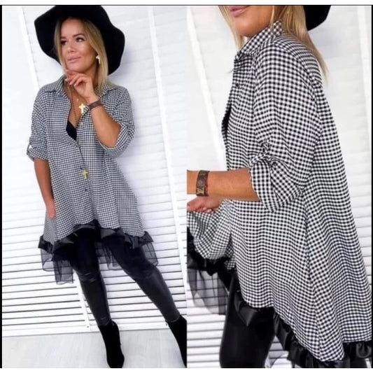 Long Shirt-Tunic squares by ToroModa  https://www.toromoda.com/products/womens-long-shirt-tunic-squares  Long plaid shirt / tunic with tulle and eco leather at the bottom edge.Wide and comfortable model, perfect for any event.Fabric: Cotton / eco leather / tulle