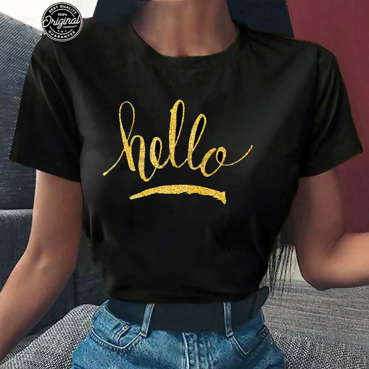 Womens Hello in black t-shirt by ToroModa  https://www.toromoda.com/products/women-s-tshirt-hello  Women's T-shirt with round neckline and free cut. The material of the T-shirt is extremely soft and provides maximum comfort during the summer days.