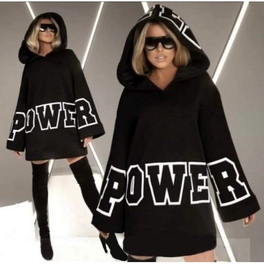 Oversized sweatshirt dress Power  https://www.toromoda.com/products/womans-oversized-sweatshirt-dress  A unique model of a women's sweatshirt with a spectacular inscription, wide sleeves, hoodie.Soft and lightly quilted, perfect for the colder days!