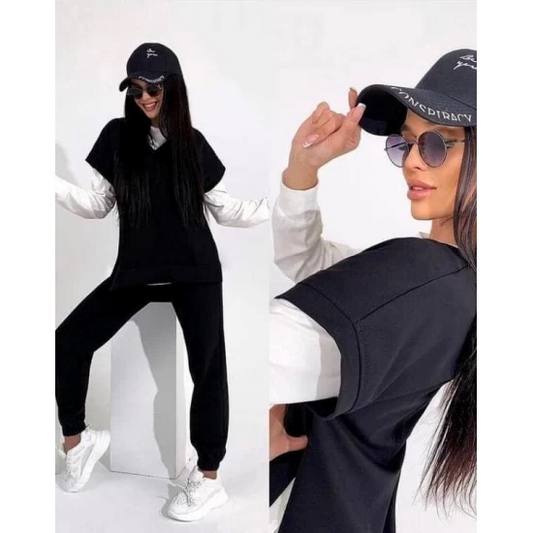 Women's three-piece set Anelia By ToroModa  https://www.toromoda.com/products/womens-three-piece-set-anelia  Amazing set of white blouse, sweatpants with elastic waist and cuffs and two active pockets and a beautiful sleeveless vest blouse with large side slits.