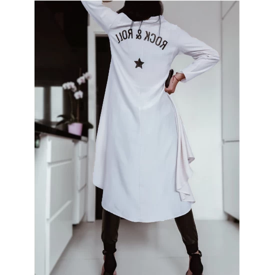Womens White Shirt Dress made by ToroModa  https://www.toromoda.com/products/womens-white-shirt-dress  Unique shirt with extra long back, button fastening, straight long sleeve and button to adjust the length.Spectacular writing on the back