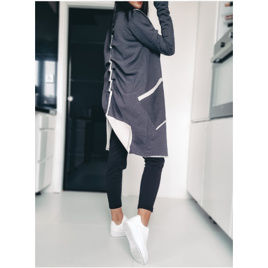Abstract Sweatshirt Graphite by ToroModa  https://www.toromoda.com/products/womans--sweatshirt-graphite  Abstract and unconventional look, zipper closure, one large pocket, gathered back with slit.Material: tri-threaded cotton with elastaneOrigin: ToroModa