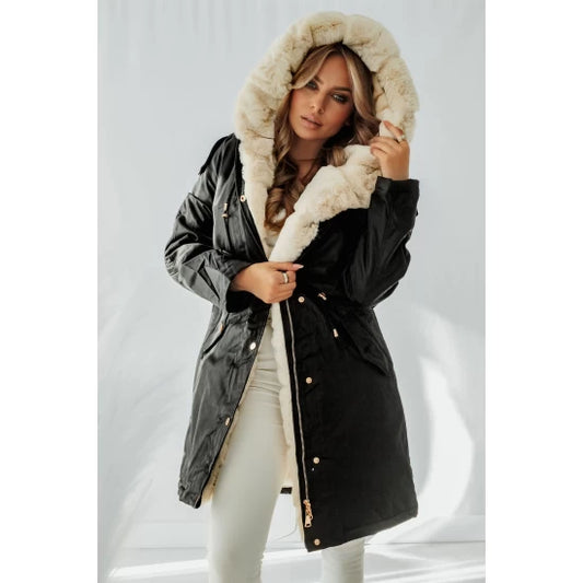 Parka jacket in black with beige down  https://www.toromoda.com/products/womans-parka-jacket-in-black-with-beige-down  Unique warm parka jacket, zip and button fastening, pockets, fully lined, with hood. Rich and warm down, ties at waist. Material: Polyester Origin: ToroModa