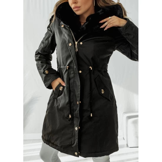 Parka jacket in black with black down  https://www.toromoda.com/products/womans-parka-jacket-in-black-with-black-down  Unique warm parka jacket, zip and button fastening, pockets, fully lined, with hood. Rich and warm down, ties at waist. Material: Polyester Origin: ToroModa