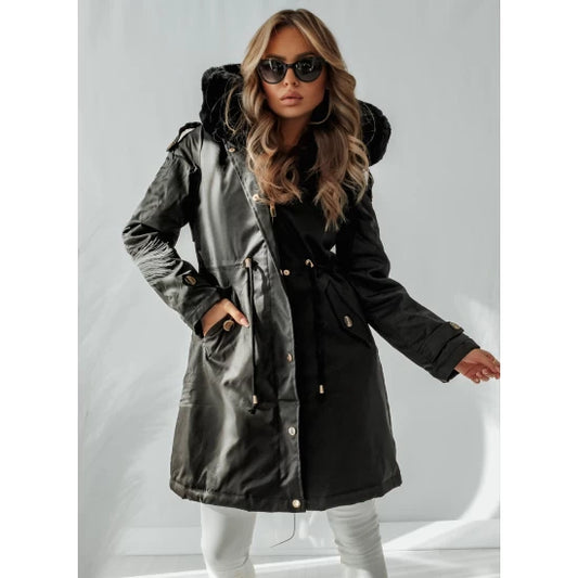 Parka jacket in black with black down  https://www.toromoda.com/products/womans-parka-jacket-in-black-with-black-down  Unique warm parka jacket, zip and button fastening, pockets, fully lined, with hood. Rich and warm down, ties at waist. Material: Polyester Origin: ToroModa