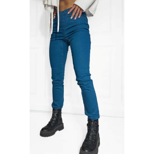Leggings pants in blue by ToroModa  https://www.toromoda.com/products/women-s-leggings-pants-in-blue  Jeans type trousers with an elastic waist, two active back pockets.Material: cotton, polyester, elastaneModel is wearing size S.