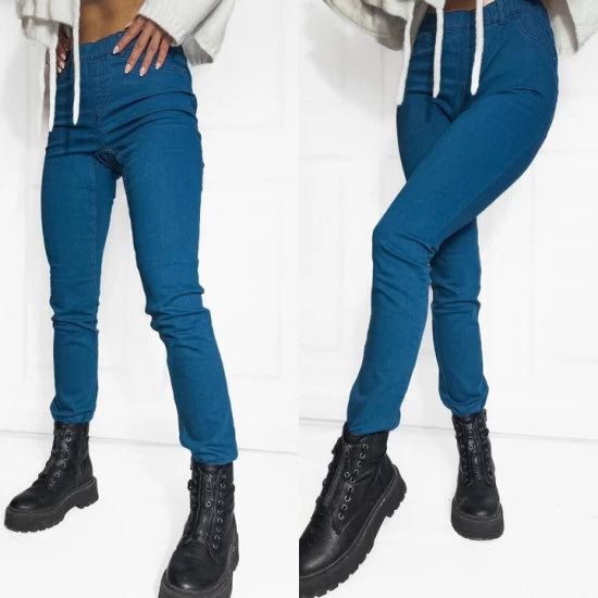 Leggings pants in blue by ToroModa  https://www.toromoda.com/products/women-s-leggings-pants-in-blue  Jeans type trousers with an elastic waist, two active back pockets.Material: cotton, polyester, elastaneModel is wearing size S.