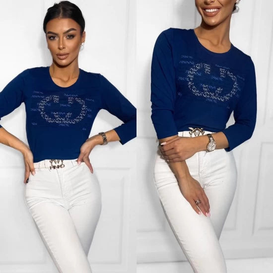 Women's blue blouse by with 7/8 sleeves  https://www.toromoda.com/products/women-s-blue-blouse  Clean model blouse with round neckline and 7/8 sleeves. Material: cotton with elastane