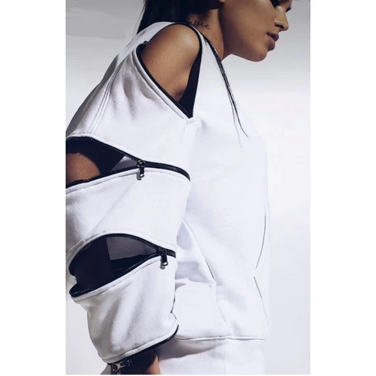 White Sweatshirt Drop Sleeve All Seasons  https://www.toromoda.com/products/womans-white-sweatshirt-drop-sleeve-all-seasons  A one-of-a-kind sweatshirt model with active zippers across the entire width of the sleeve.Short or long sleeve, you decide!Front large kangaroo pocket, hood.