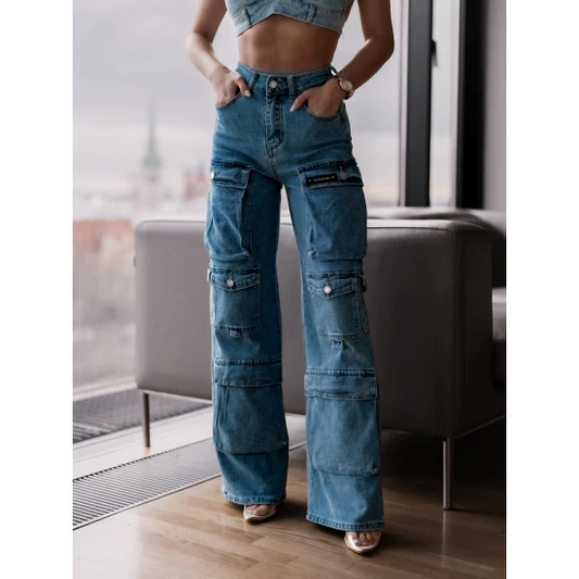 Cargo denim jeans with pockets by ToroModa  https://www.toromoda.com/products/women-s-cargo-denim-jeans-with-pockets  Great style of cargo jeans, eight cargo pockets, slim fit, wide leg.Material: denim, elastaneOrigin: ToroModa