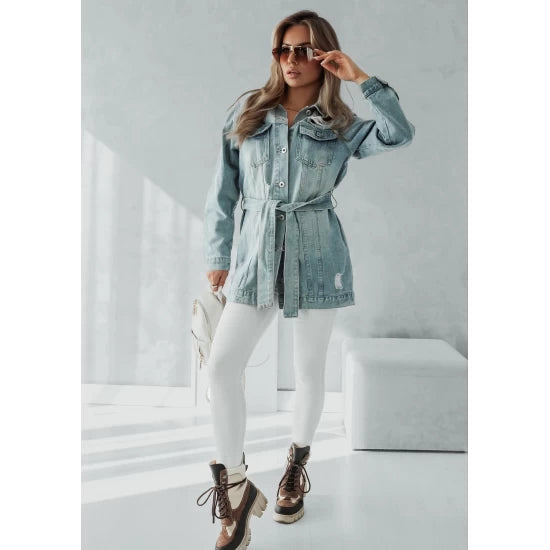 Denim jacket with belt by ToroModa  https://www.toromoda.com/products/womens-denim-jacket-with-belt  Mid-length denim jacket, belted waist, ripped effect. It's a timeless style, handcrafted with superior fabric for robust wear and lasting comfort.