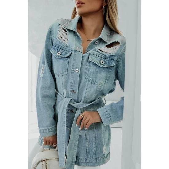 Denim jacket with belt by ToroModa  https://www.toromoda.com/products/womens-denim-jacket-with-belt  Mid-length denim jacket, belted waist, ripped effect. It's a timeless style, handcrafted with superior fabric for robust wear and lasting comfort.