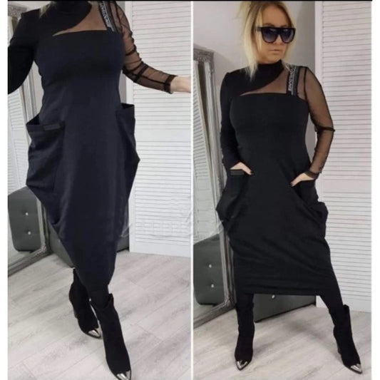 Women's dress with tulle Debora in black  https://www.toromoda.com/products/womens-dress-with-tulle-debora-in-black  Ladies elegant dress with a mix of tulle and cotton fabrics.Large side pockets, polo collar and neck zipper, spectacular shoulder strap.