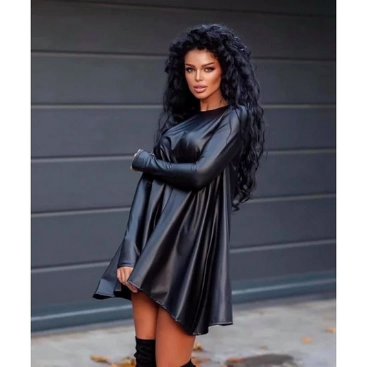 Hailey faux leather tunic dress in black  https://www.toromoda.com/products/womens-faux-leather-tunic-dress-in-black  Short cut tunic-dress made of eco leather with long sleeves.Fabric: textile eco leatherOrigin: ToroModa