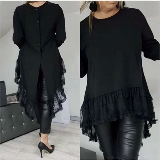 Long shirt with buttons and tulle in black  https://www.toromoda.com/products/womens-long-shirt-with-buttons-and-tulle  Unique shirt with long back with buttons, hem with lace.Fabric: cotton with elastaneOrigin: Bulgaria ToroModa