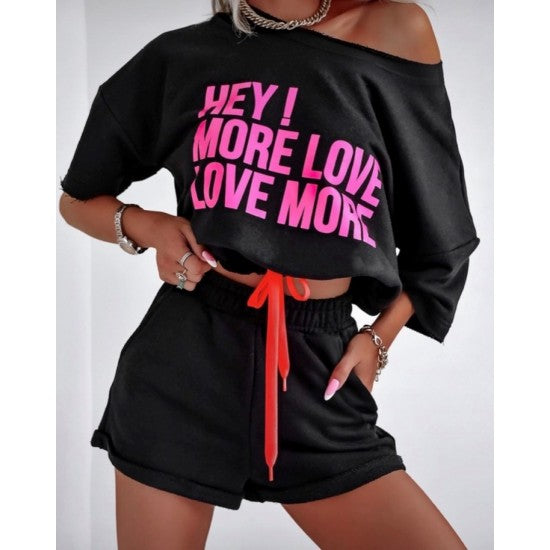 Set with shorts LOVE MORE in black  https://www.toromoda.com/products/set-with-shorts-love-more-in-black  Summer set of a cropped sweatshirt with active ties at the waist and an open neckline and shorts with pockets and an elasticated waist.