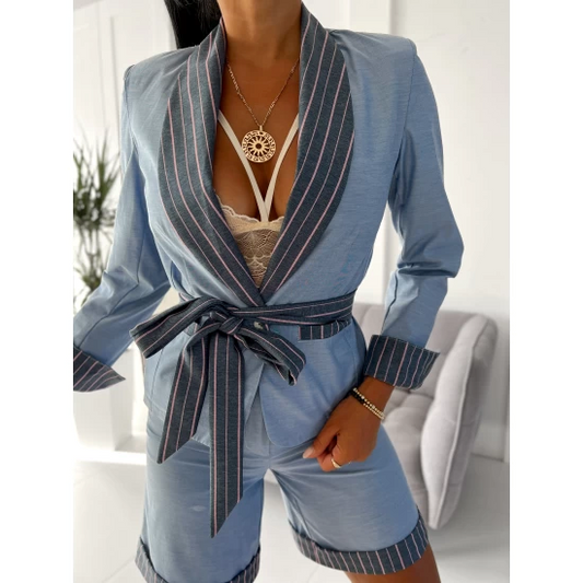 Summer suit blazer with pants  https://www.toromoda.com/products/womans-summer-suit-blazer  Women's tailored suit with padded button down jacket and trousers with removable belt, side pockets, button and zip fastening Material: textile without elastane