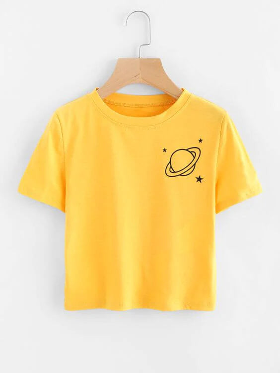 Women's Crop Top Planet*yellow- ToroModa  https://www.toromoda.com/products/crop-top-planet-yellow  Crop Top t-shirt with a round neckline and a loose fit. The material of the t-shirts is extremely soft and provides maximum comfort during summer days.