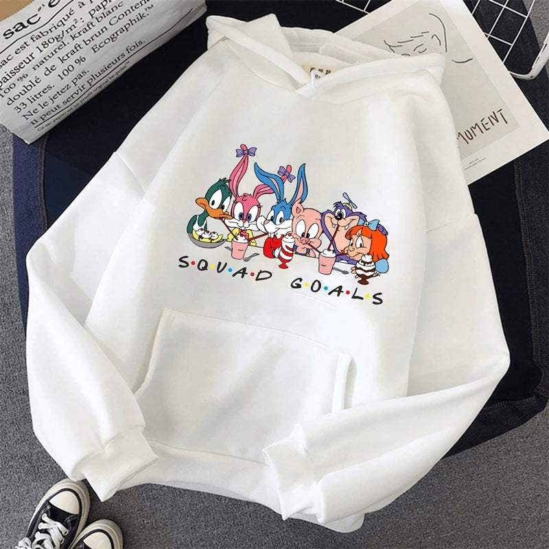 Women's Hoodie Looney Tunes.  https://www.toromoda.com/products/womens-hoodie-squad-goals-animation  The hoodie have light cotton wool on the inside.The hoodie are extremely soft and provide maximum comfort and warmth during winter days.They are made of 100%.