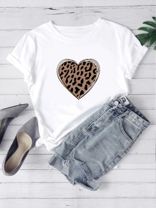 Women's T-Shirt Leopard Heart in white  https://www.toromoda.com/products/womens-t-shirtleopard-heart  Women's T-shirt with round neckline and free cut. Combines well with elegant, sporty-elegant and casual wear. The t-shirts falls freely on the body.