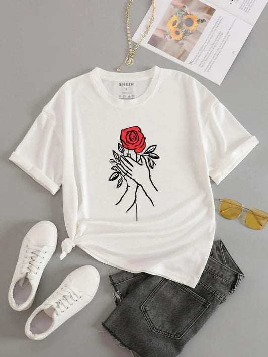 Women's T-Shirt Red Rose  https://www.toromoda.com/products/womens-t-shirt-red-rose  Women's T-shirt with round neckline and free cut. Combines well with elegant, sporty-elegant and casual wear. The t-shirts falls freely on the body.