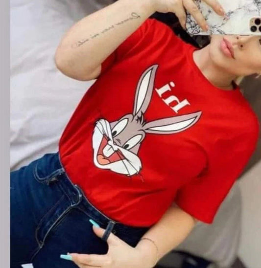 Women's T-Shirt Hi Bugs Bunny in Red  https://www.toromoda.com/products/womens-t-shirt-hi-bugs-bunny  Women's T-shirt with round neckline and free cut. Combines well with elegant, sporty-elegant and casual wear. The t-shirts falls freely on the body.