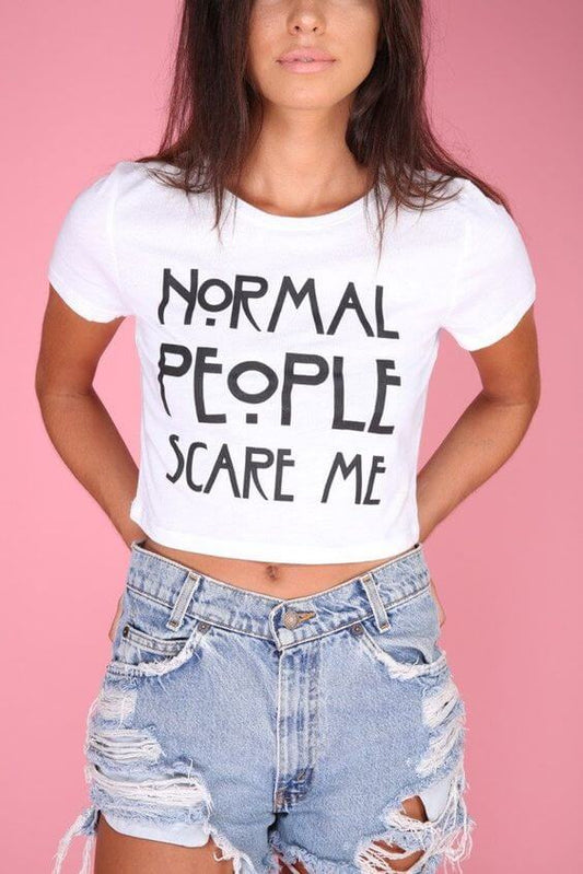 Women's Crop Top NORMAL PEOPLE SCARE ME  https://www.toromoda.com/products/crop-top-normal-people-scare-me  Crop Top t-shirt with a round neckline and a loose fit. The material of the t-shirts is extremely soft and provides maximum comfort during summer days.