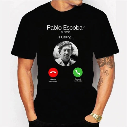 Men's T-Shirt Pablo Escobar Calling - ToroModa  https://www.toromoda.com/products/mens-t-shirt-pablo-escobar-calling  Men's t-shirt with a round neckline and a loose fit. The material of the T-shirt is extremely soft and provides maximum comfort during summer days.100% cotton