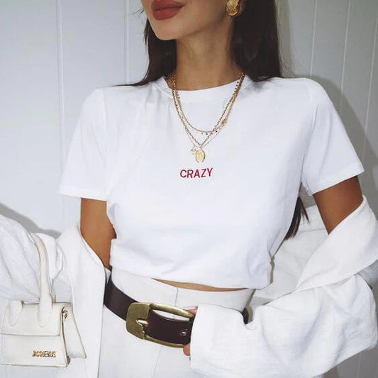Women's Crop Top Crazy - ToroModa  https://www.toromoda.com/products/crop-top-crazy  Crop Top t-shirt with a round neckline and a loose fit. The material of the t-shirts is extremely soft and provides maximum comfort during summer days.
