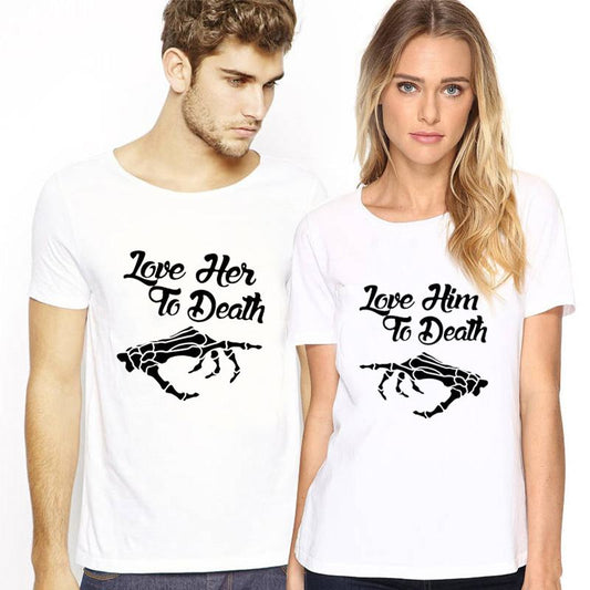 T-shirts for couples Love to death*white  https://www.toromoda.com/products/copy-of-t-shirts-for-couples-love-to-death-white  T-shirts with a round neckline and a loose fit. The material of the t-shirts is extremely soft and provides maximum comfort during summer days. 100% cotton