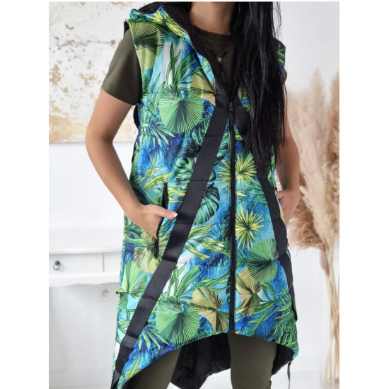 Unique vest Tropical - ToroModa  https://www.toromoda.com/products/womens-unique-vest-tropical  Unique vest with elongated back and shortened front. Active zipper on the back, hood, zip fastening.Pockets and spectacular edging along the entire length.