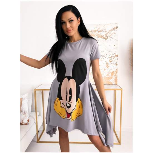 Women's dress Mickey Mouse in grey  https://www.toromoda.com/products/womens-mickey-mouse-dress  Asymmetrical dress with short sleeves and spectacular print.Fabric: cotton with elastaneOrigin: BG