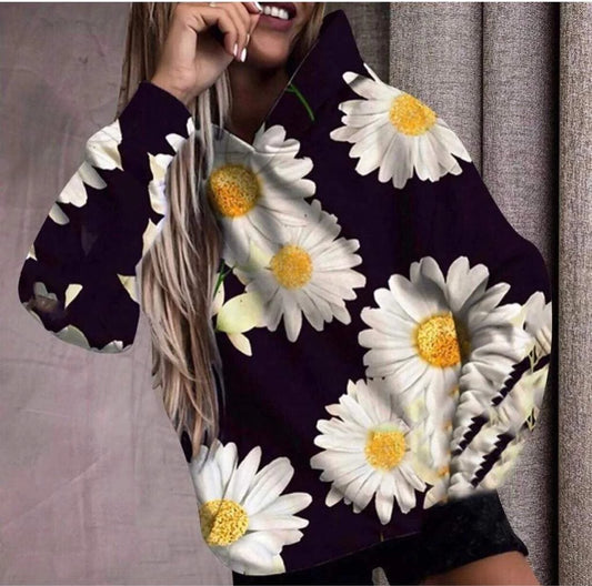 Daisy Hoodie Long sleeves-ToroModa  https://www.toromoda.com/products/woman's-hoodie-long-sleeve  Sweet top whit hoodie Daisy on black Cotton poly blend Wash and dry on low