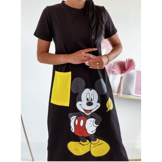 Long dress with pocket Mickey in black  https://www.toromoda.com/products/women-long-dress-with-pocket-mickey-in-black  A beautiful dress with a big pocket and an impressive print. Short sleeves, slits on the hem, wide at the bottom.Fabric: cotton with elastaneOrigin: BG