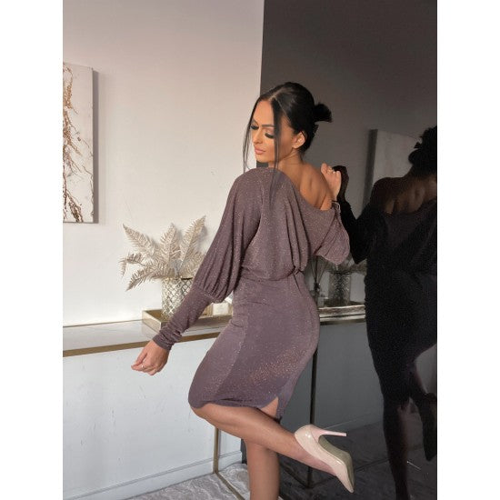 Sparkly dress with bare shoulder  https://www.toromoda.com/products/womens-sparkly-dress-with-bare-shoulder  Beautiful dress with a non-standard cut, open neckline, wide cut, color pastel brown with shimmering threads.Material: viscose, polyester, elastane.