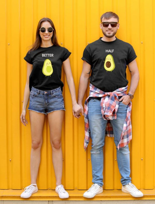T-shirts for couples Better Half Black  https://www.toromoda.com/products/t-shirts-for-couples-better-half-black  T-shirts with a round neckline and a loose fit. The material of the t-shirts is extremely soft and provides maximum comfort during summer days. 100% cotton