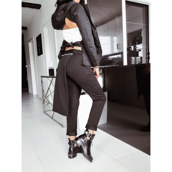 Women's Set suit and skirt-pants  https://www.toromoda.com/products/womens-set-suit-and-skirt-pants  Set of two parts: Spectacular jacket with a bare back and Skirt-pants with a zipper. Fabric: cotton with elastane Origin: Bulgaria The tank top is not part of the set.