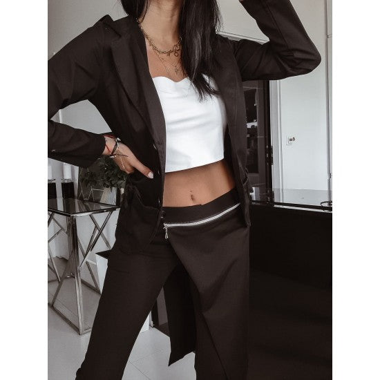 Women's Set suit and skirt-pants  https://www.toromoda.com/products/womens-set-suit-and-skirt-pants  Set of two parts: Spectacular jacket with a bare back and Skirt-pants with a zipper. Fabric: cotton with elastane Origin: Bulgaria The tank top is not part of the set.