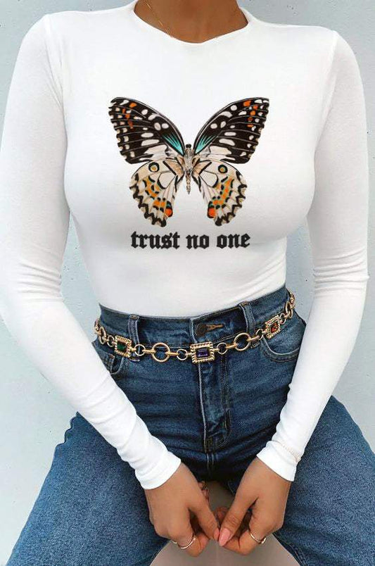 Women's bodysuit Trust No One.  https://www.toromoda.com/products/womens-bodysuit-trust-no-one  Warm and comfortable Round Collar Long Sleeve women's bodysuit - long-sleeved bikini. Made of high quality 92% combed cotton and 8% lycra...