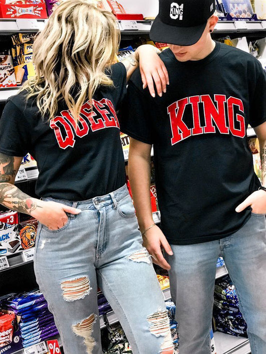T-shirts for couples Queen& King *red slogan  https://www.toromoda.com/products/t-shirts-for-couples-queen-king-red-slogan  T-shirts with a round neckline and a loose fit. The material of the t-shirts is extremely soft and provides maximum comfort during summer days. 100% cotton